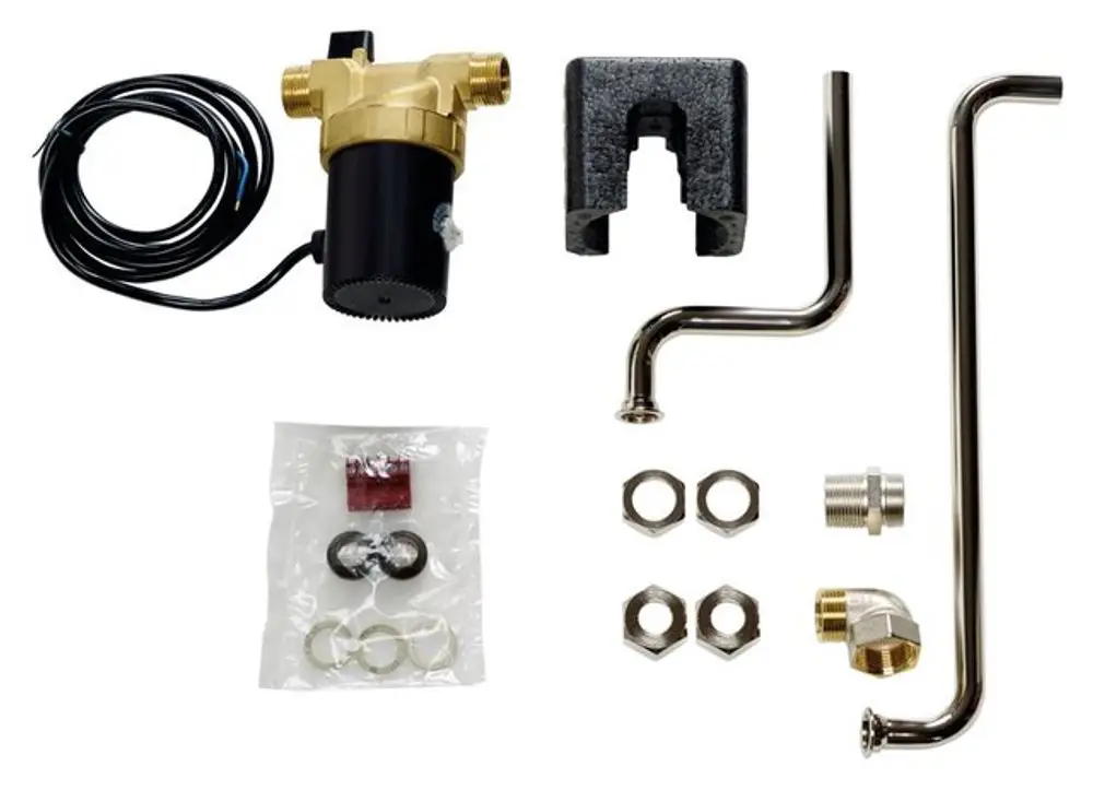 Zirkulationspumpenset von Vaillant, bestehend aus Pumpe, Montagehalter, Rohren und Anschlussstücken, in einer übersichtlichen Anordnung auf hellem Hintergrund.